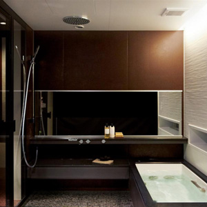 光と新しい素材表現が織りなす心地よい浴室空間